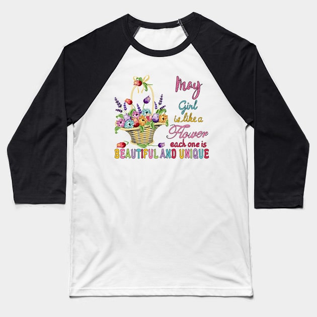 May Girl - Flower Basket Baseball T-Shirt by Designoholic